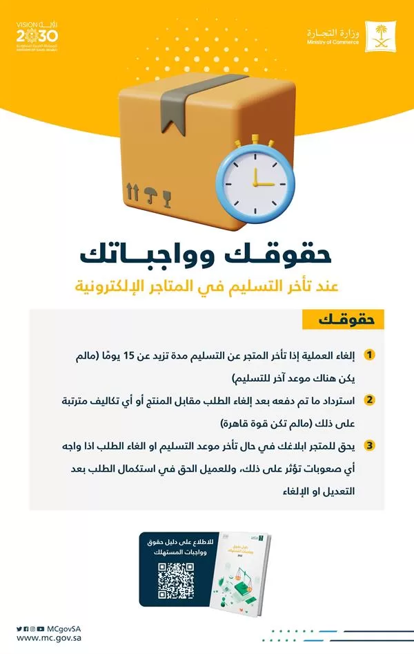 "التجارة": يحق للعميل إلغاء الطلب من المتجر الإلكتروني إذا زاد تسليمه عن 15 يوماً