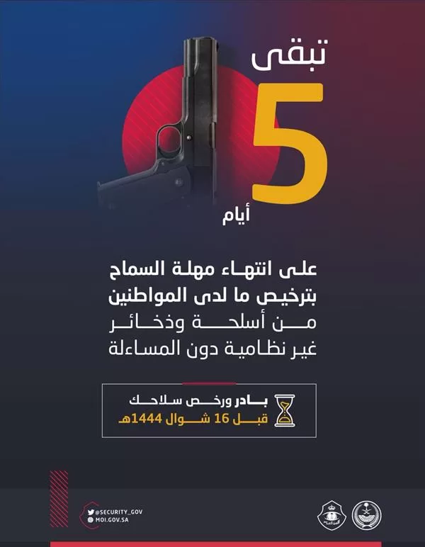 "الأمن العام": 5 أيام متبقية على نهاية مهلة ترخيص الأسـلحة - صحيفة البوابة الالكترونية "الأمن العام": 5 أيام متبقية على نهاية مهلة ترخيص الأسـلحة