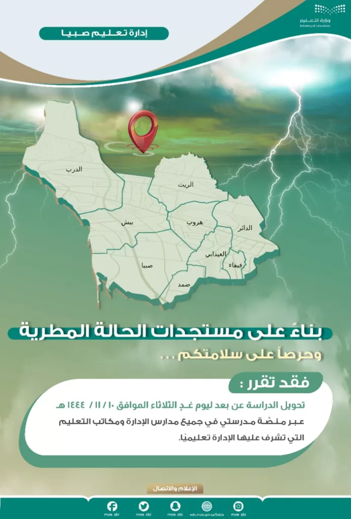 تعليم صبيا يعلق الدراسة ليوم غدٍ الثلاثاء