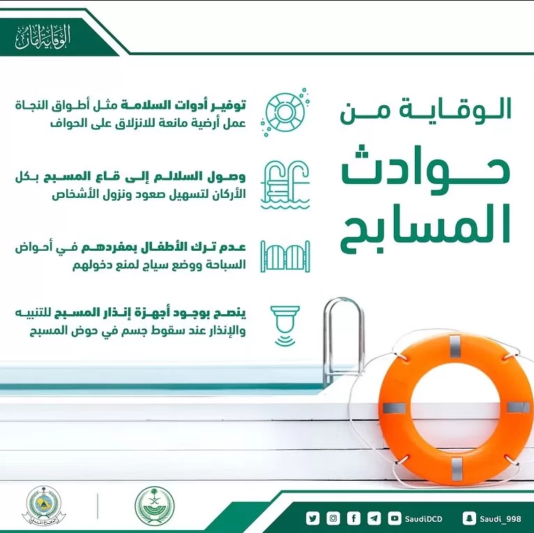 "الدفاع المدني" يُحذِّر من حوادث المسابح ويدعو لتوفير طُرق الوقاية والسلامة