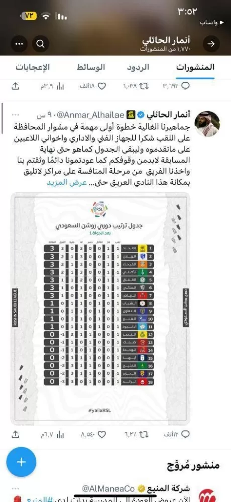 الحائلي يثير جماهير العميد بمنشور «X»