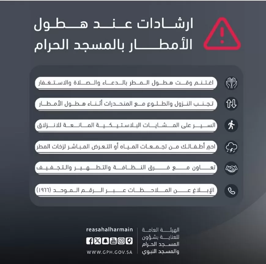 الهيئة العامة للعناية بشؤون الحرمين توجه عدداً من النصائح عند هطول الأمطار
