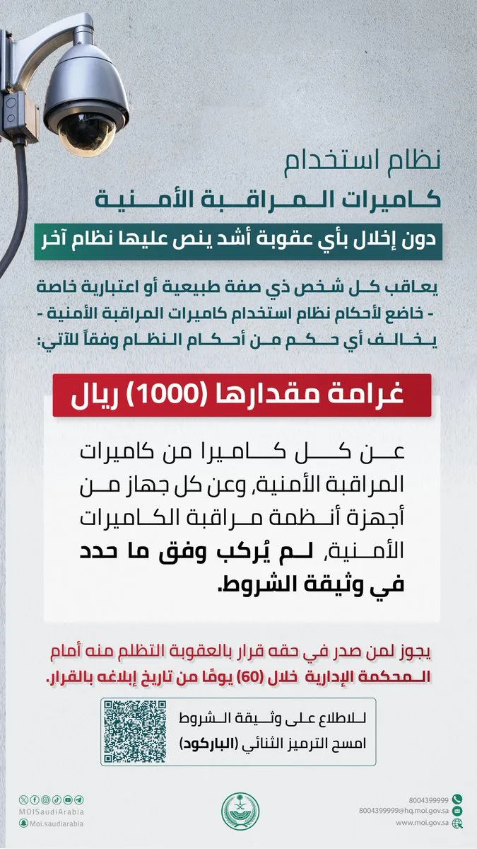 «الداخلية»: 1000 ريال عقوبة عدم تركيب كل كاميرا من كاميرات المراقبة الأمنية