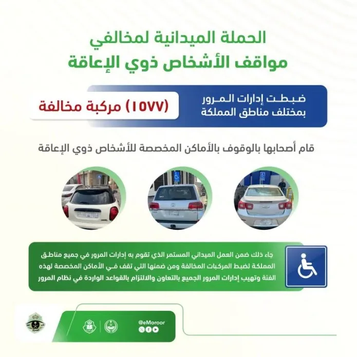 ضبط 1577 مركبة مخالفة استغلت مواقف ذوي الإعاقة