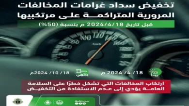 "المرور": المخالفات التي تشكل خطرًا على السلامة العامة تمنع الاستفادة من تخفيض الـ50%