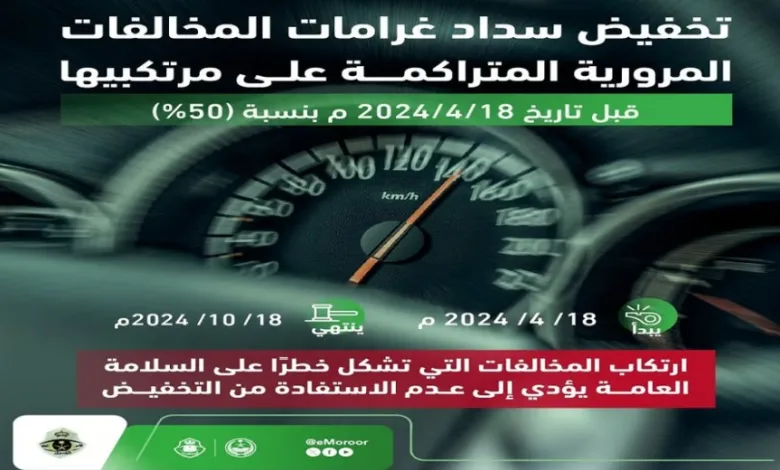 "المرور": المخالفات التي تشكل خطرًا على السلامة العامة تمنع الاستفادة من تخفيض الـ50%