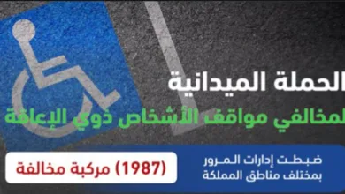 المرور: ضبط 1987 مركبة مخالفة وقف أصحابها بأماكن ذوي الإعاقة