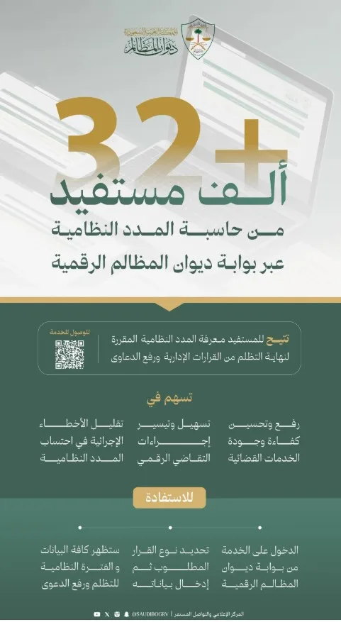 حاسبة المدد النظامية تخدم أكثر من 32 ألف مستفيد في ديوان المظالم