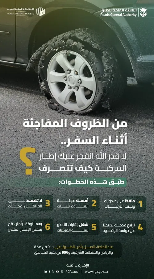 "الطرق" توجّه 6 نصائح لقائدي المركبات عند انفجار الإطار ضمن حملة "إجازة آمنة"