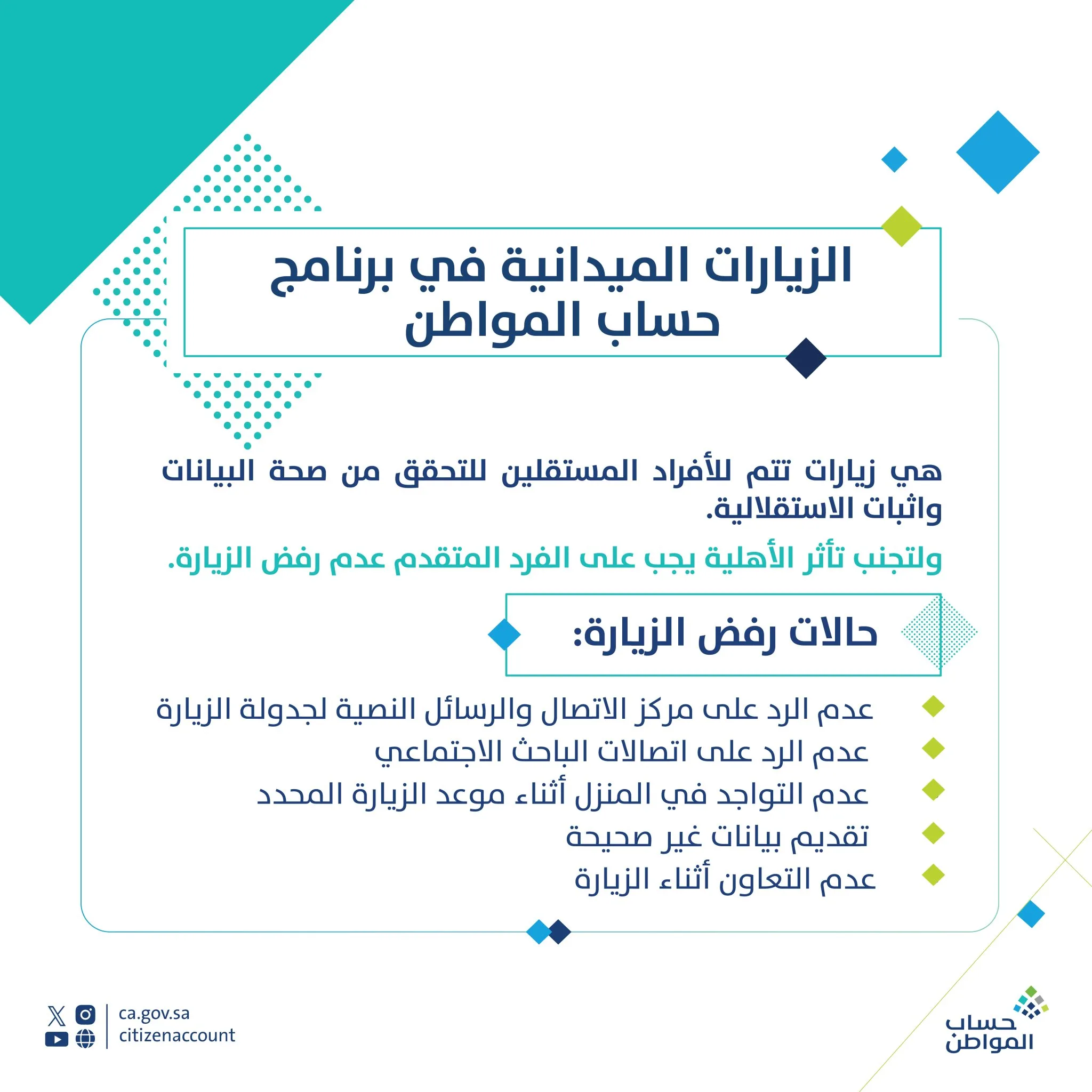 "تؤثر في الأهلية".. "حساب المواطن": 5 حالات لرفض الزيارة الميدانية