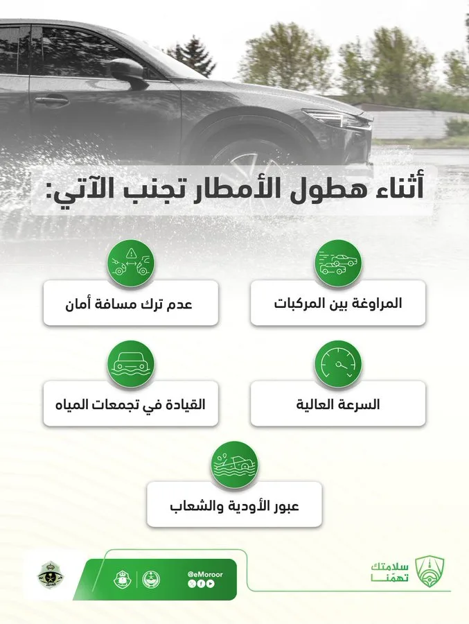 «المرور»: 5 قواعد لـ«القيادة الآمنة» عند هطول الأمطار
