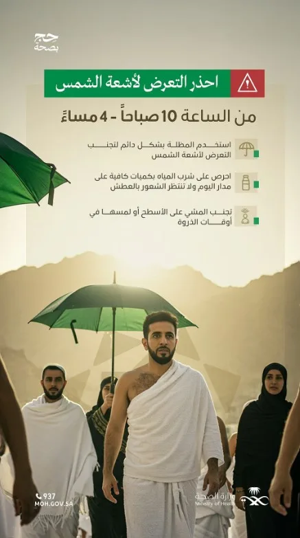 "الصحة" تحذّر حجاج بيت الله من التعرض المباشر لأشعة الشمس