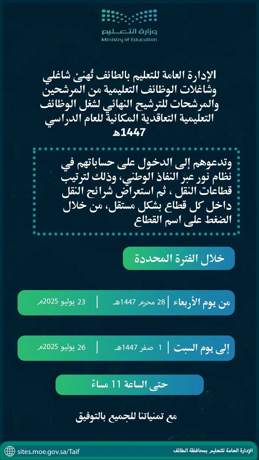 تعليم الطائف: 4 أيام لترتيب قطاعات النقل للمرشحين والمرشحات للوظائف التعليمية التعاقدية المكانية