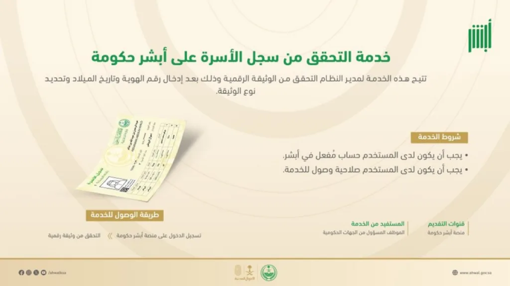 خدمة التحقق من سجل الأسرة إلكترونياً عبر منصة أبشر حكومة خدمة التحقق من سجل الأسرة إلكترونياً عبر منصة أبشر حكومة