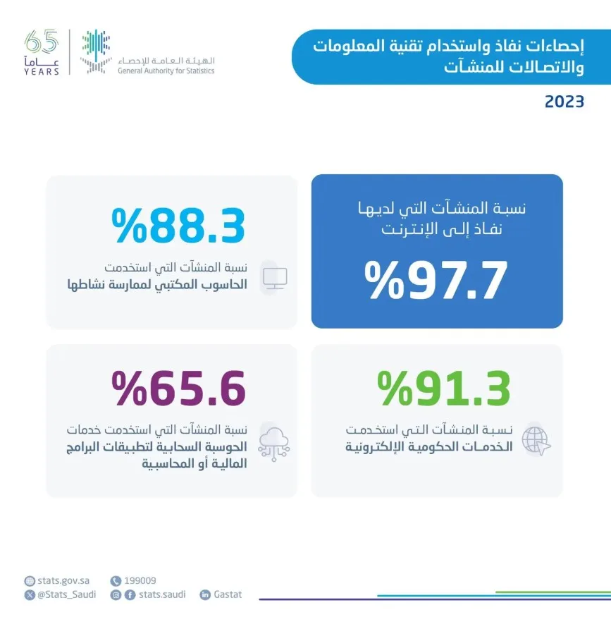 الإحصاء: 97.7% من المنشآت بالمملكة لديها إنترنت خلال 2023