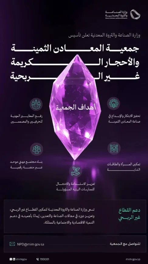 وزارة الصناعة تُعلن تأسيس جمعية المعادن الثمينة والأحجار الكريمة غير الربحية