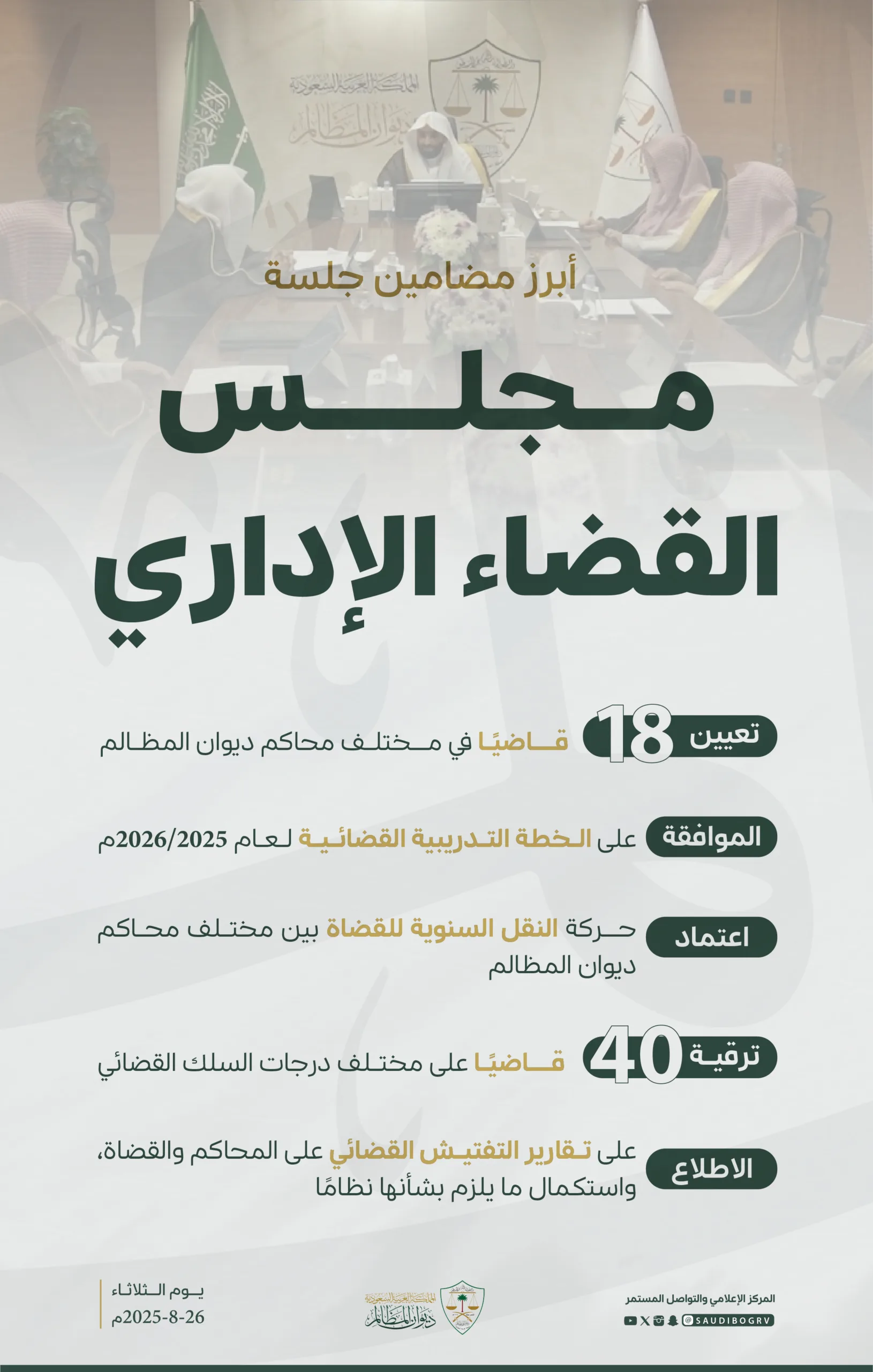 مجلس القضاء الإداري يستعرض تقارير تفتيش المحاكم والقضاة في ديوان المظالم ويوافق على حركة النقل السنوية والخطة التدريبية للقضاة