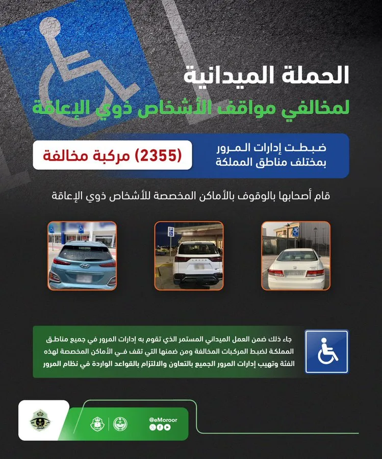 المرور: ضبط 2355 مركبة مخالفة وقف أصحابها بأماكن ذوي الإعاقة