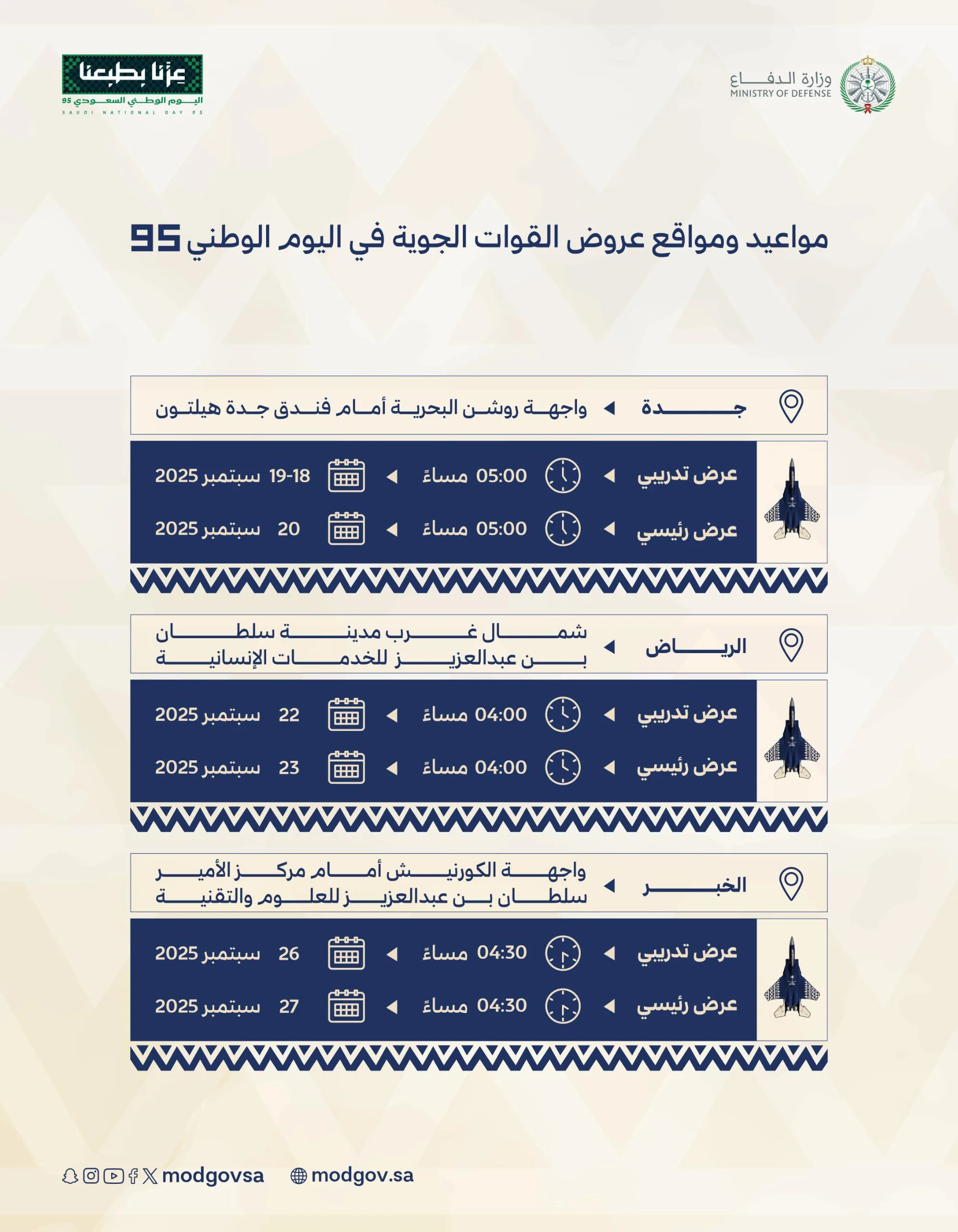 وزارة الدفاع تعلن عن مواعيد ومواقع عروض طائرات القوات الجوية في اليوم الوطني 95