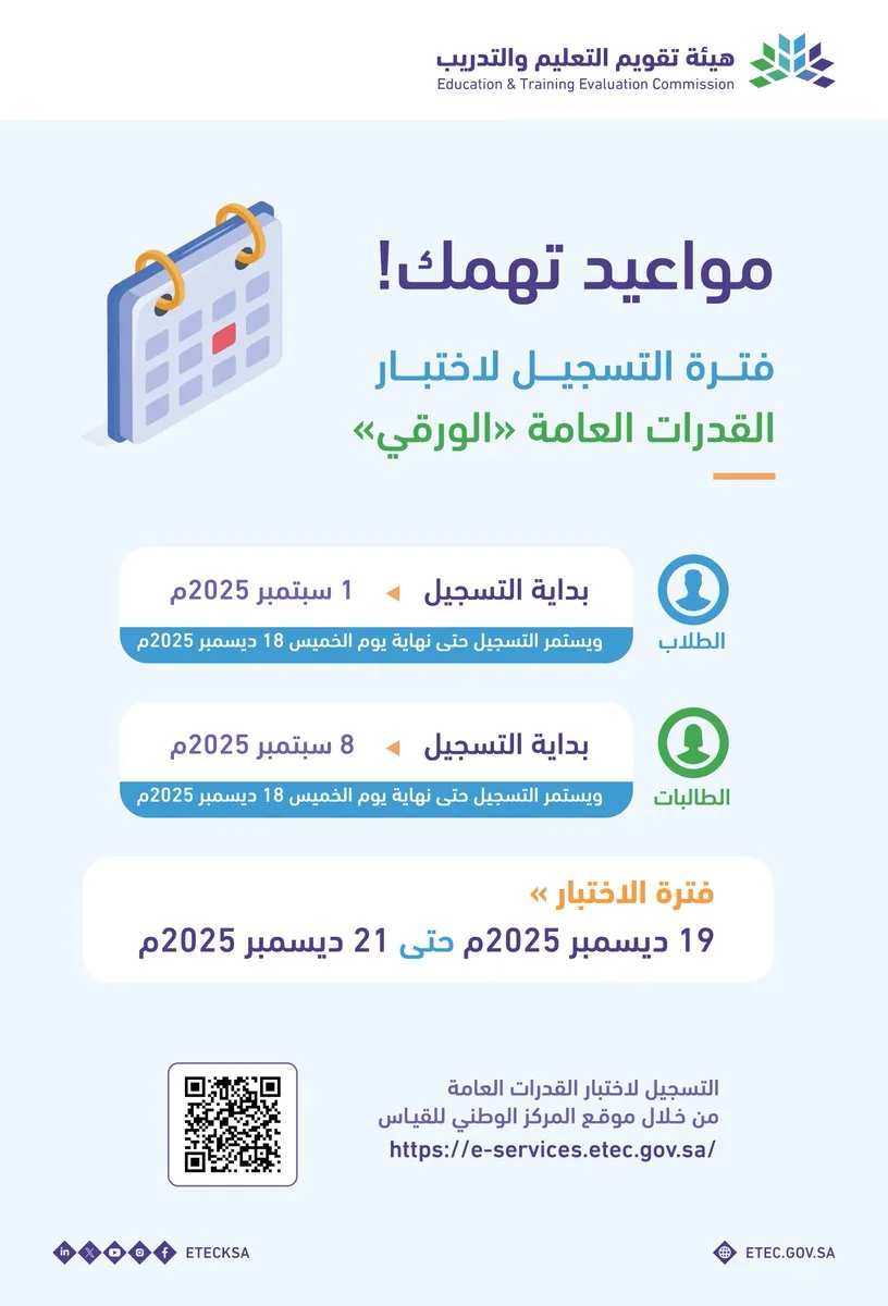 هيئة تقويم التعليم تعلن مواعيد التسجيل في اختبار القدرات العامة الورقي للطلاب والطالبات