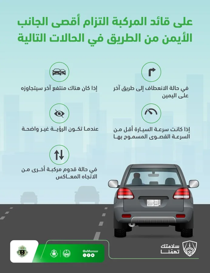 «المرور»: 5 حالات تستوجب الالتزام بأقصى الجانب الأيمن من الطريق