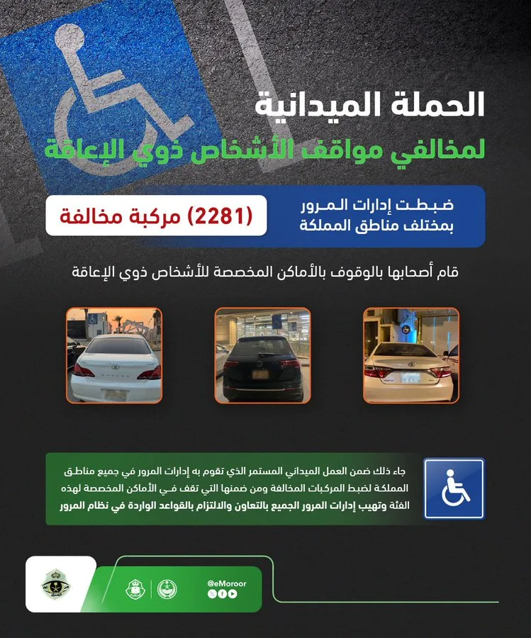 «المرور»: ضبط 2281 مركبة مخالفة وقف أصحابها بأماكن ذوي الإعاقة