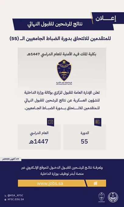 إعلان نتائج المرشحين للقبول النهائي بدورة الضباط الجامعيين الـ 55 بكلية الملك فهد الأمنية