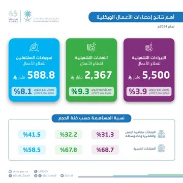 "الإحصاء": الإيرادات التشغيلية في قطاع الأعمال تسجل نموًّا بنسبة 3.9% خلال عام 2024م