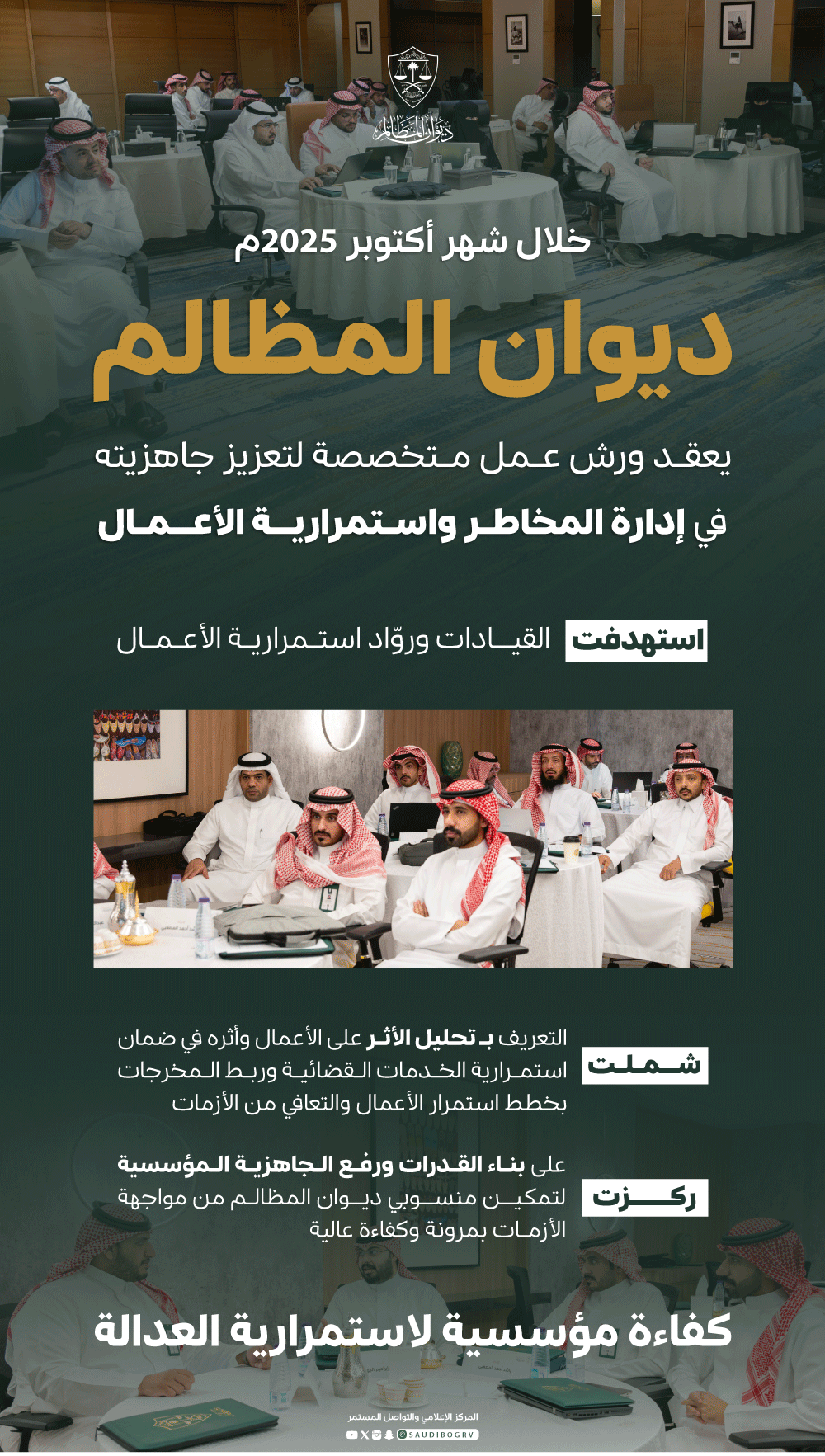 ديوان المظالم يختتم ورش عمل شهر أكتوبر التطويرية في إدارة المخاطر واستمرارية الأعمال