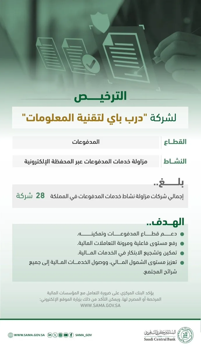 "ساما" يرخص لشركة "درب باي لتقنية المعلومات" لمزاولة نشاط خدمات المدفوعات