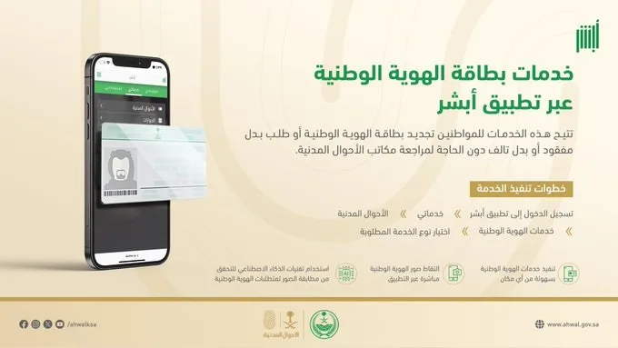 «الأحوال المدنية» توضح خدمات بطاقة الهوية الوطنية المتاحة عبر تطبيق «أبشر»