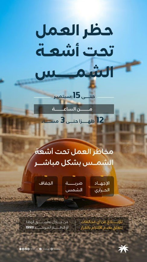 «الموارد البشرية» تؤكد استمرار حظر العمل تحت أشعة الشمس حتى 15 سبتمبر