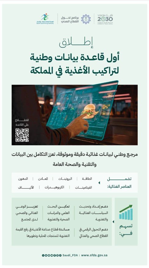 "الغذاء والدواء" تطلق أول قاعدة بيانات وطنية لتراكيب الأغذية في المملكة