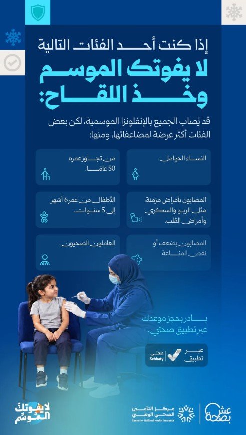 "الصحة" تدعو الفئات الأكثر عرضة لمضاعفات الإنفلونزا إلى المبادرة بتلقي اللقاح وعدم تفويت موسم التطعيم