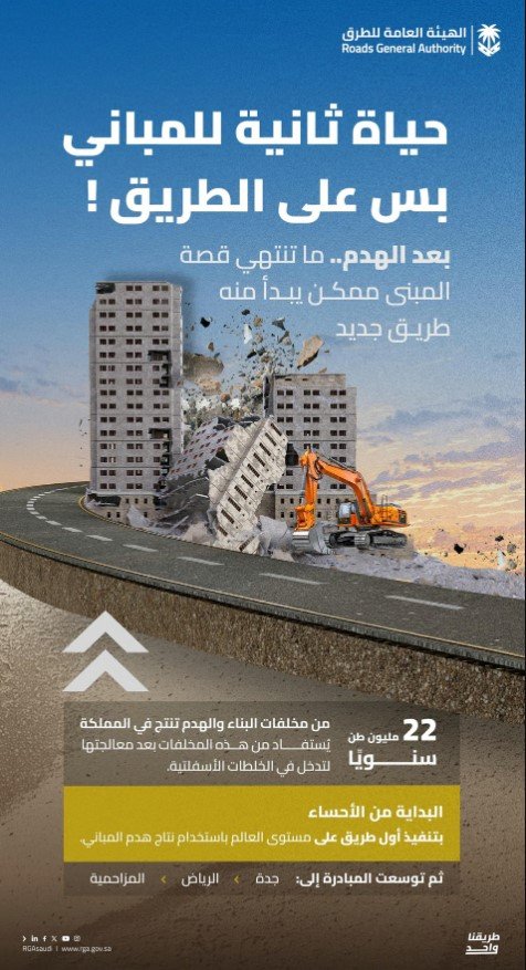 هيئة الطرق توظيف نواتج هدم المباني في الخلطات الأسفلتية يعزز استدامة قطاع الطرق