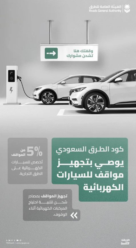 كود الطرق السعودي يُلزم بتخصيص 5% من المواقف التجارية للمركبات الكهربائية - صحيفة البوابة الالكترونية كود الطرق السعودي يُلزم بتخصيص 5% من المواقف التجارية للمركبات الكهربائية