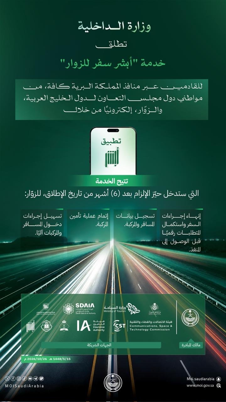 الداخلية تطلق خدمة "أبشر سفر للزوار" للقادمين عبر منافذ المملكة البرية - صحيفة البوابة الالكترونية الداخلية تطلق خدمة "أبشر سفر للزوار" للقادمين عبر منافذ المملكة البرية