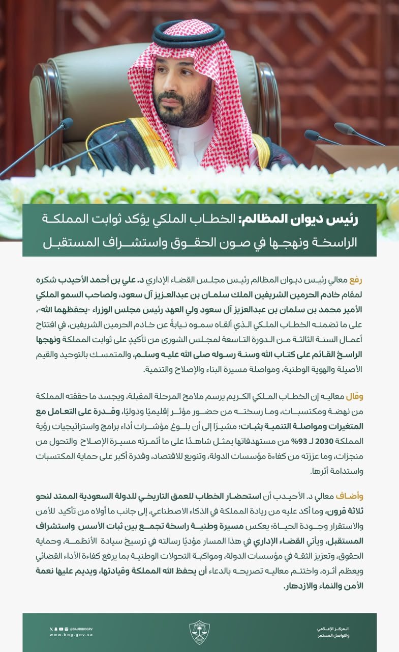 رئيس ديوان المظالم: الخطاب الملكي يؤكد ثوابت المملكة الراسخة ونهجها في صون الحقوق واستشراف المستقبل